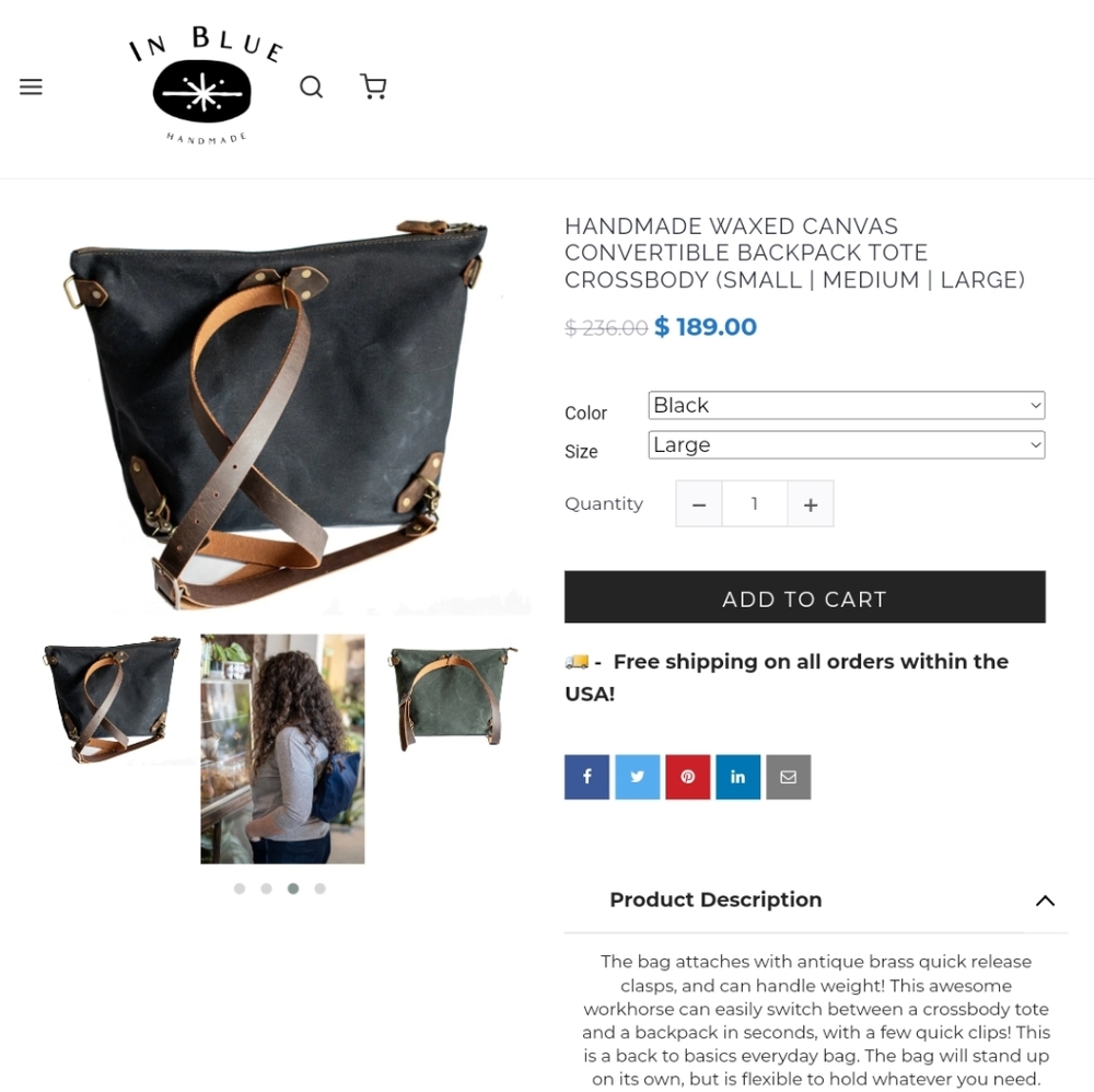 InBlue Handmade Waxed Canvas Convertible Backpack - black, lined, size large